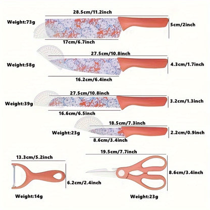 Jasmine Flower 6-Piece Kitchen Knife Set with Chef Knife, Meat Cleaver, Bread Knife, Scissors, Peeler - Hiccupzz