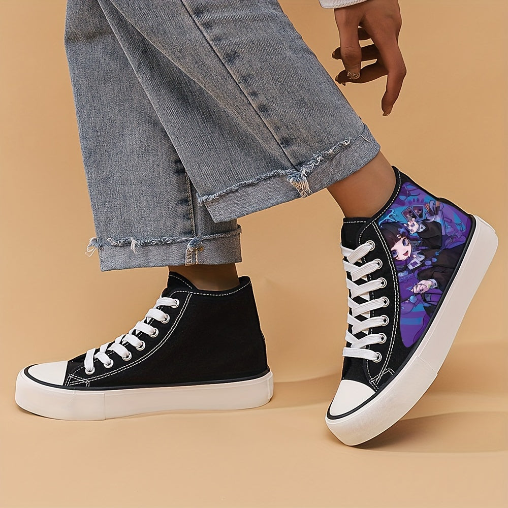 Women's Anime Beauty Print Shoes, Lace Up Comfy Platform Daily Skate Shoes, Lightweight High-top Canvas Shoes