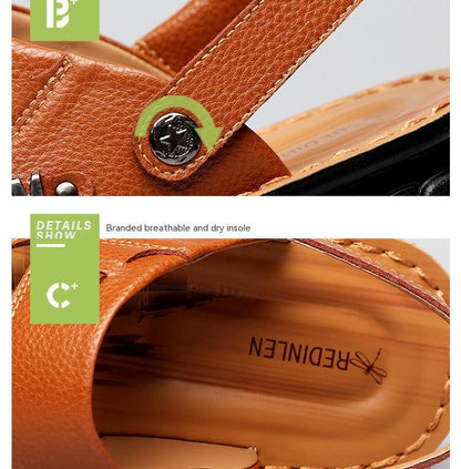 First Layer Cowhide Men's Sandals Beach Shoes Non-slip Slippers - Hiccupzz