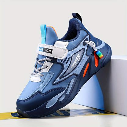 Boys' Sports Casual Running Shoes, Lightweight Microfiber Leather with Hook & Loop, Round Toe, EVA Sole, Striped All-Season Sneakers. - Hiccupzz