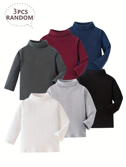 3 Pcs Boys' Fleece-Lined Turtleneck Sweaters - Soft, Warm Knit Pullovers for Fall/Winter - Hiccupzz