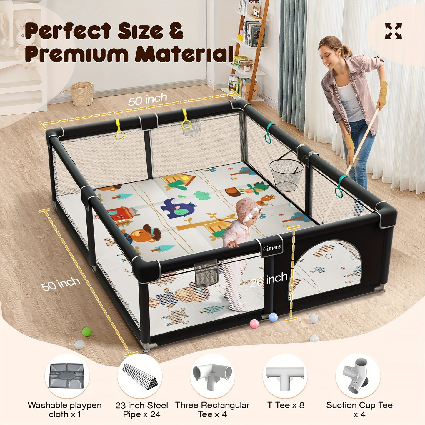 Gimars Upgraded 320D Washable Baby Playpen - 50''x50'' Large Play Yard for Toddlers with Zipper Gate