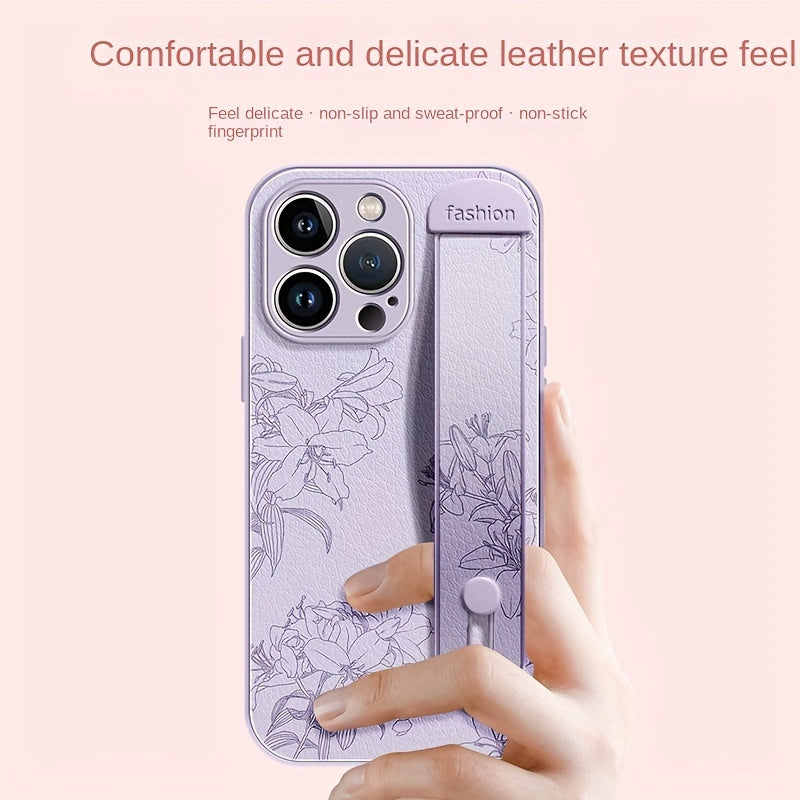 Floral Print Phone Case with Wrist Strap for iPhone 15/14/13/12 Pro Max Series - Elegant Lily Pattern, High-End Anti-Scratch and Drop-Proof Cover with Bracket Feature