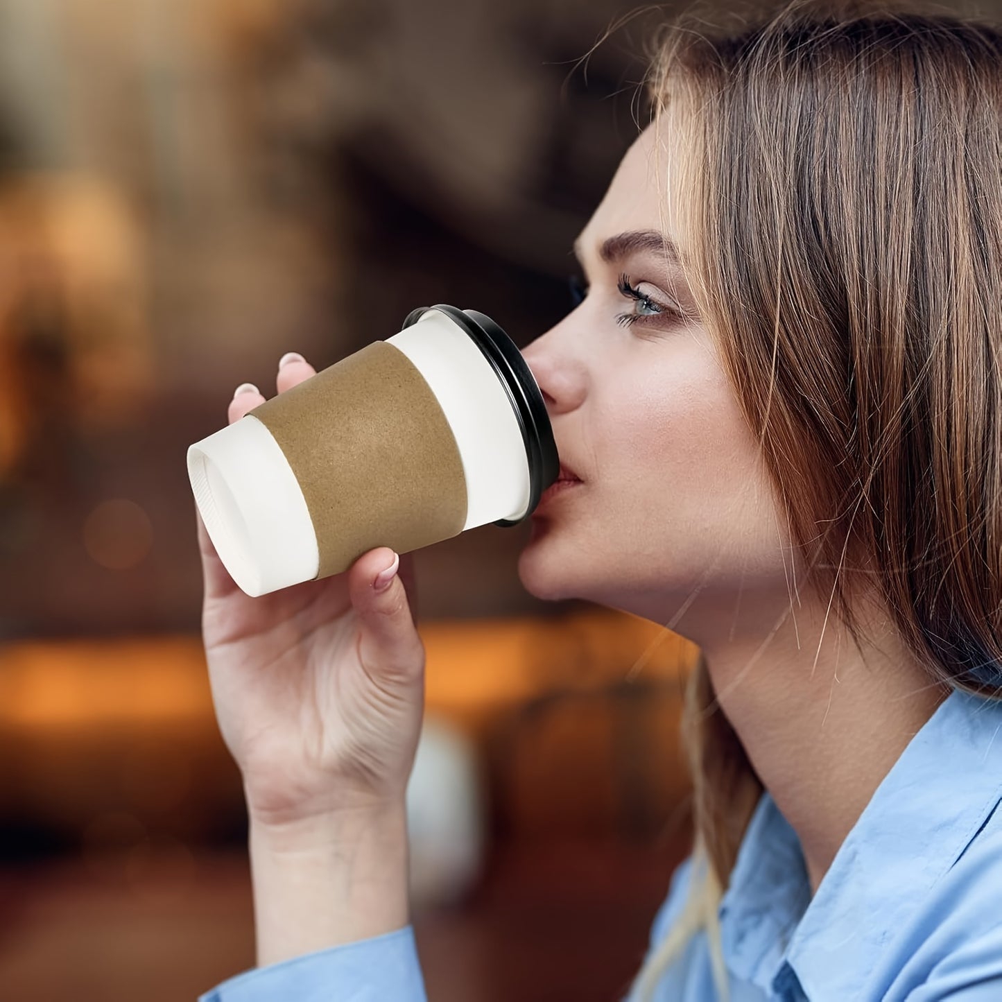 50-Pack Disposable Coffee Cups with Lids & Sleeves - 12/16 oz Eco-Friendly White Paper Cups, Black Lids for Hot Drinks, Tea, or Chocolate