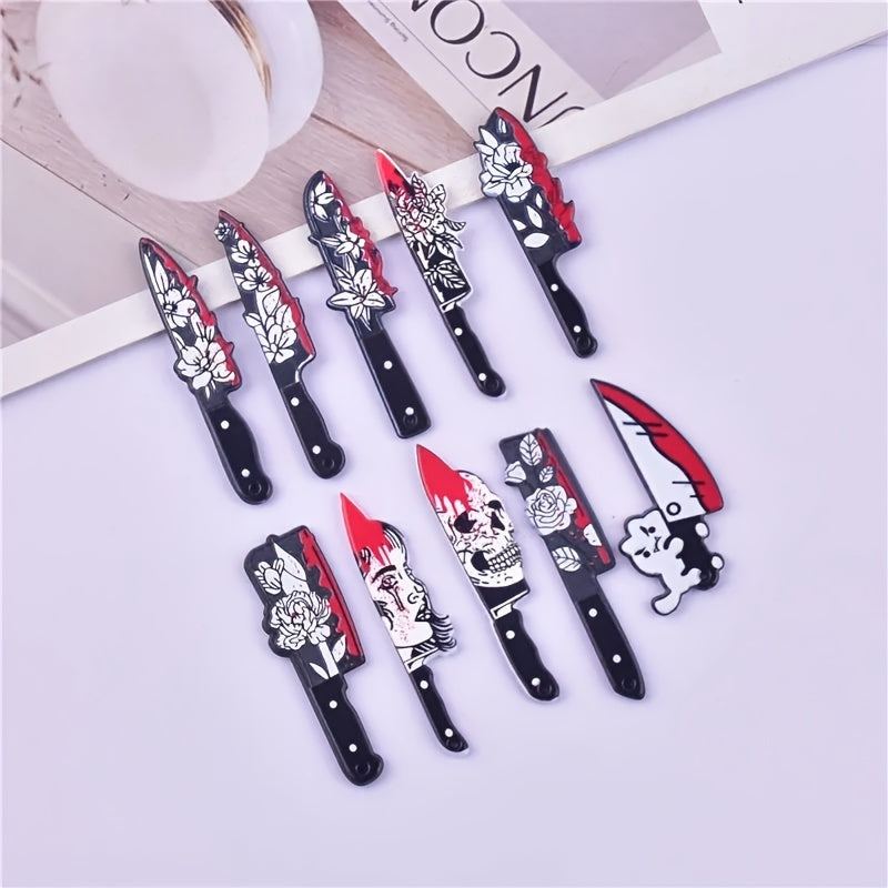 10pcs Bloody Knife Pendants - Acrylic Knife Shape with Skull & Rose, Gothic Style DIY Jewelry for Earrings & Necklaces, Craft Accessories