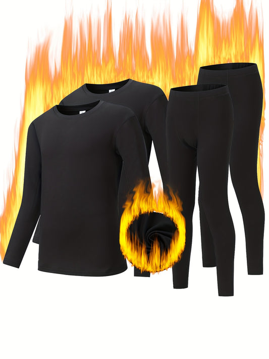 4 Pcs Polyester Crew Neck Thermal Underwear 2 Set - Medium Stretch, Solid Color, Base Layer for Teens - All-Season Wear for Casual, Hiking, Skiing