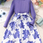 Girls' Floral Spliced Dress, Long Sleeves, Round Neck, Belted, Party Dress - Hiccupzz