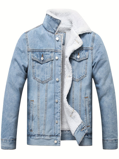 Men's Fleece Lined Denim Jacket Casual Winter Warm Button Down Trucker Jacket Coat with Pockets - Hiccupzz