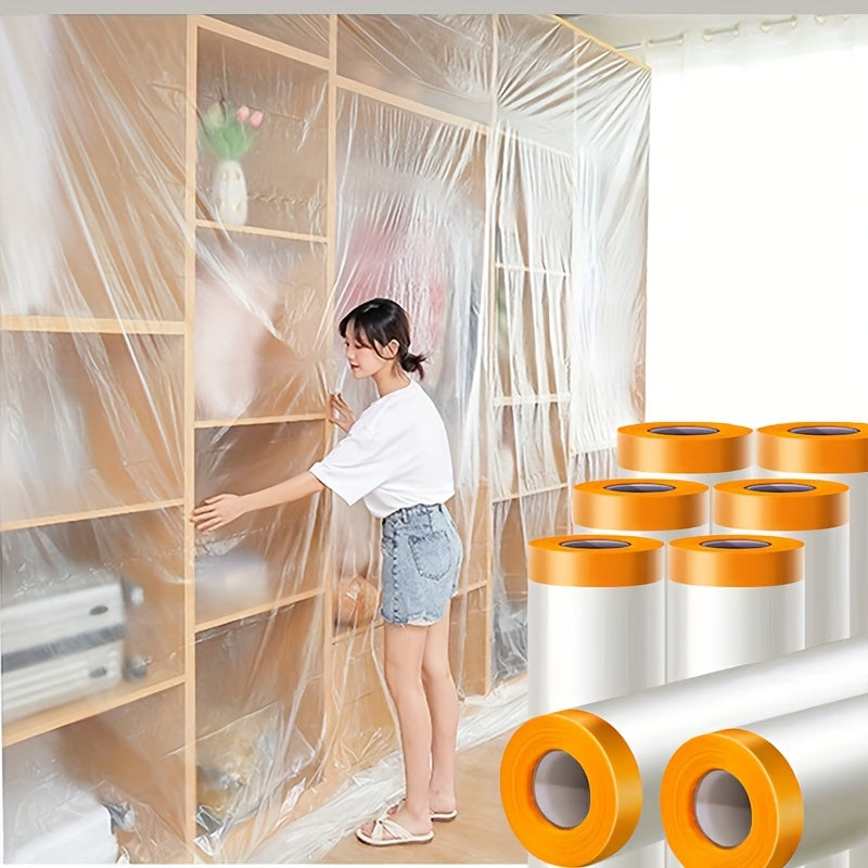 2 Pcs Multi-Purpose Disposable Dust Covers with Tape, Transparent PE Film for Furniture Protection During Travel, Renovation & Cleaning