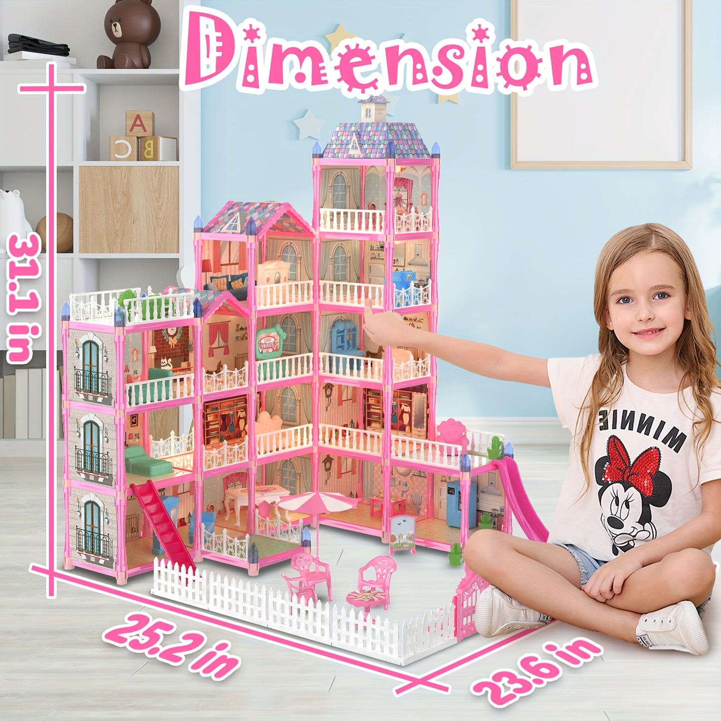 374 Pcs 15 Rooms Doll House For Girls, Princess Playhouse With Lights, Dolls Furniture Accessories,