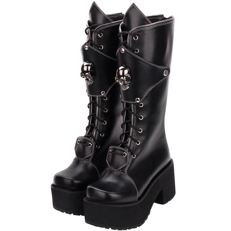 Zipper Studded Skull Punk Thick-soled High Boots