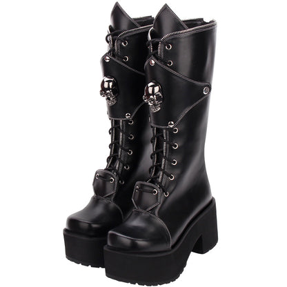 Zipper Studded Skull Punk Thick-soled High Boots - Hiccupzz