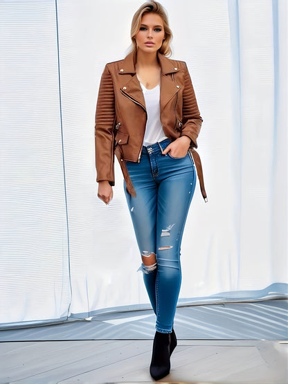 Women's Solid Biker Jacket - Long Sleeve Zipper Streetwear Outerwear - Hiccupzz