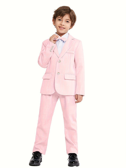 3-Pcs Boys Formal Plaid Gentleman Outfit Set, Long Sleeve Blazer, Bowtie, Pants - Hiccupzz