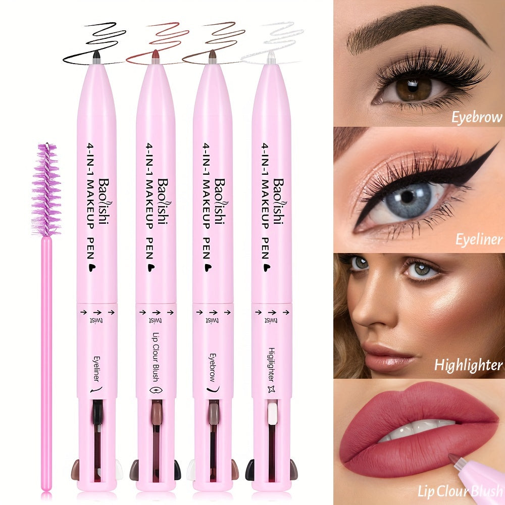 4-in-1 Makeup Pen - Highlighter, Lip Liner & Eyeliner in Matte Finish for All Skin Types - Brown/Red/Black Shades