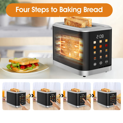 1 Pc Smart Digital Toaster - Touch Screen LCD Display, 6 Bread Types, 6 Shade Settings, 1.5" Wide Slots, Bagel/Defrost/Cancel Functions, 750-1000W, 2-Slice, US Plug, 110-130V