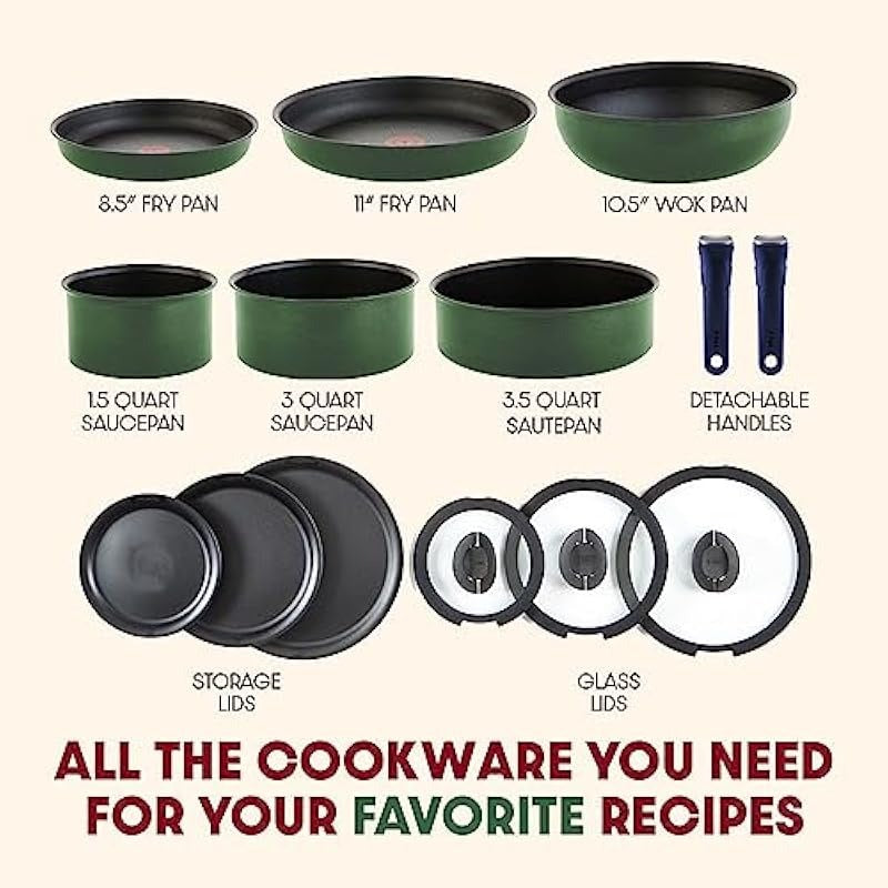 14 Pcs Nonstick Cookware Set - Induction, Oven & Broiler Safe (500°F), Dishwasher Safe, Detachable Handle, Forest Green