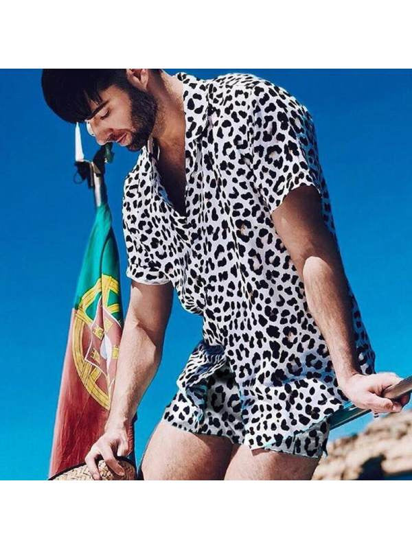 Men's Casual Comfortable Beach Leopard Print Short Sleeve Shorts Suit Two-piece Set