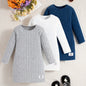 3 Pcs Girls Ribbed Knit Dress Set, Comfy & Elegant, Spring/Fall Dresses - Hiccupzz