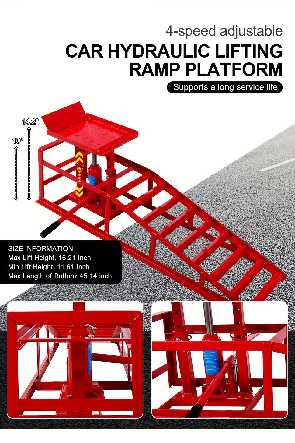 2-Pack Heavy Duty Hydraulic Truck Ramps - 5T/11,000Lbs Capacity, Steel Vehicle Maintenance Platform for Garage, Red