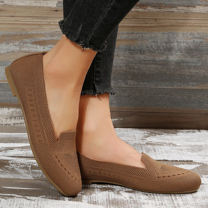 Women's Black Slip-On Flats - Breathable Knitted Round Toe Non-Slip Casual Lightweight Walking Shoes - Hiccupzz