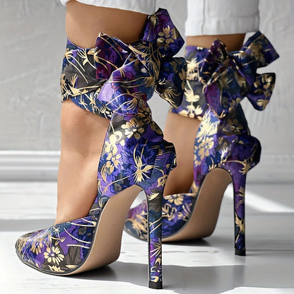 Floral Satin High Heels - Elegant Pointed Toe Lace Up Stilettos for Parties and Dressy Occasions - Hiccupzz