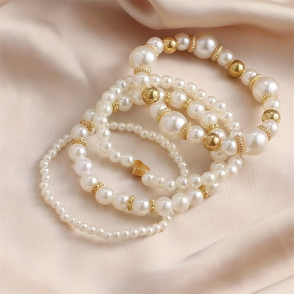 4-Piece Elegant Faux Pearl Beaded Bracelets – Women's Fashion Luxury Stackable Wristbands for Sophisticated Charm Jewelry - Hiccupzz
