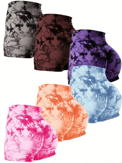 6 Piece Tie Dye Workout Shorts For Women, Scrunch Butt Lifting High Waisted Yoga Gym Seamless Booty Biker Shorts, Women's Activewear - Hiccupzz