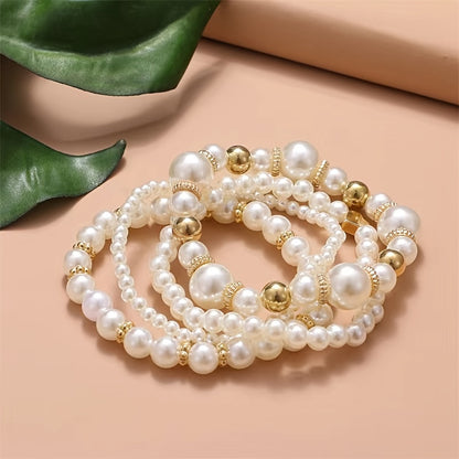 4-Piece Elegant Faux Pearl Beaded Bracelets – Women's Fashion Luxury Stackable Wristbands for Sophisticated Charm Jewelry - Hiccupzz