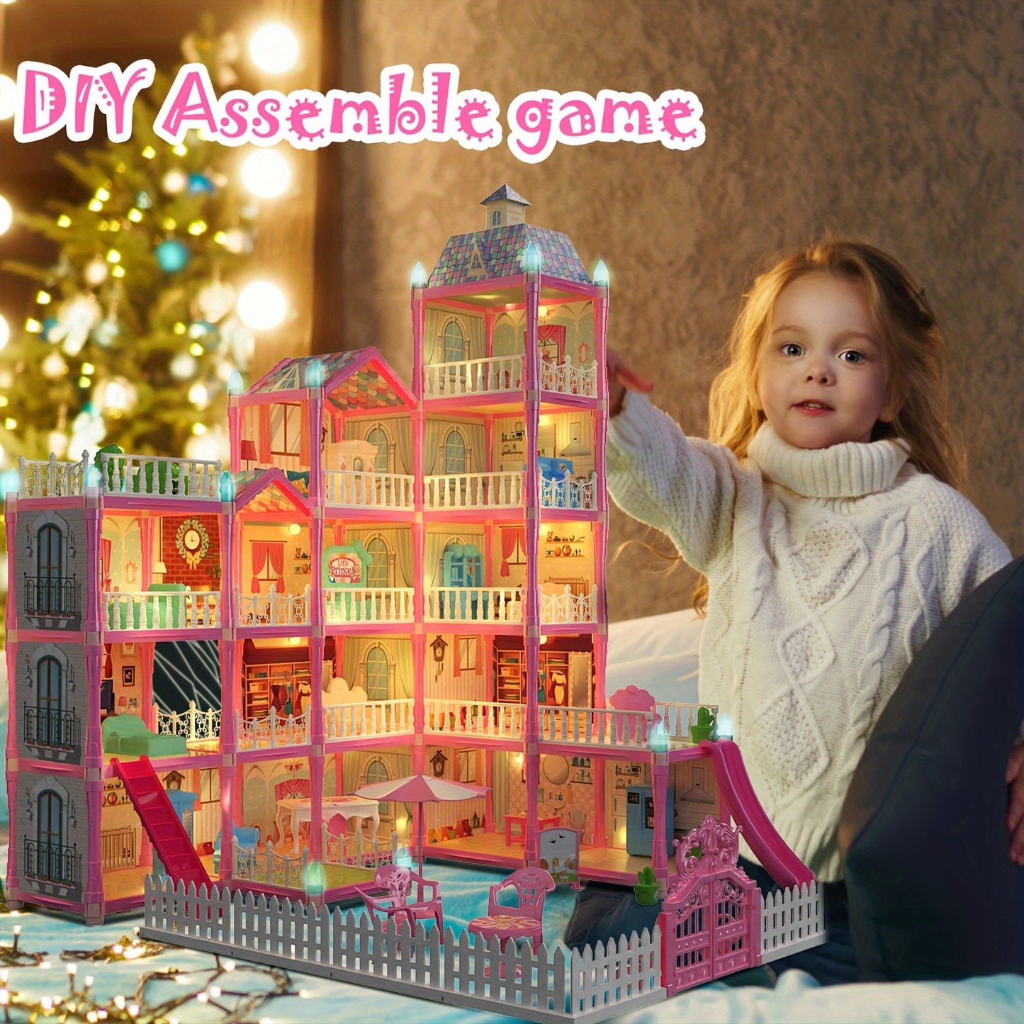 374 Pcs 15 Rooms Doll House For Girls, Princess Playhouse With Lights, Dolls Furniture Accessories,