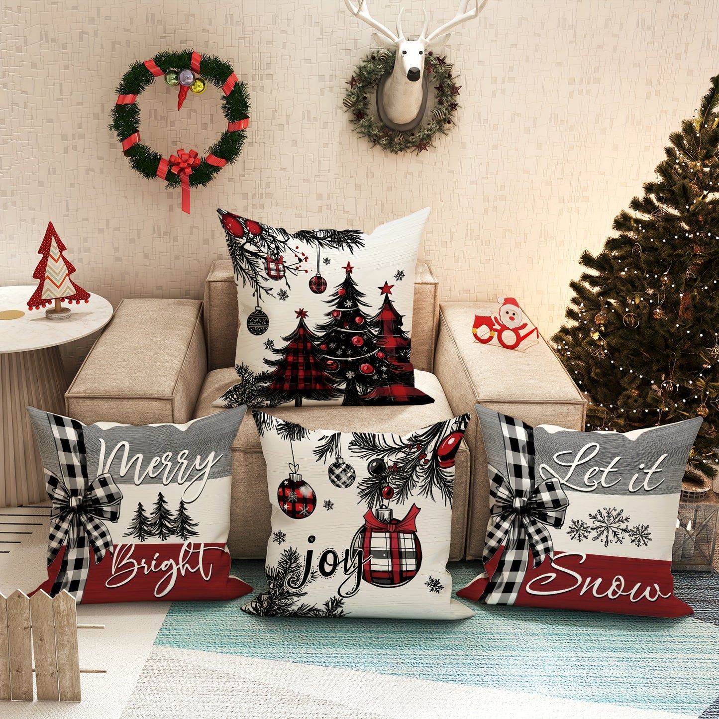 Set of 4 Modern Christmas Throw Pillow Covers 18 x 18 Inch Polyester Full Set