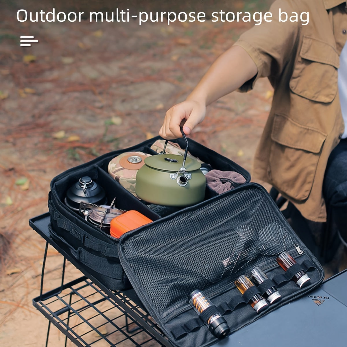 15L Large Capacity Outdoor Cooking Utensils Storage Bag with Picnic Pot & Gas Canister Holder