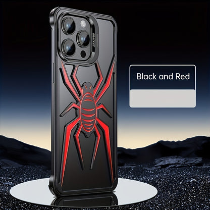 Case for iPhone 13 14 15 Pro Max/Pro/Plus, Aluminum Metal Spider Pattern Design Frameless Heat Dissection Minimalist Slim Lightweight Case with Built in Camera Stand, Black/Red/Silver - Hiccupzz