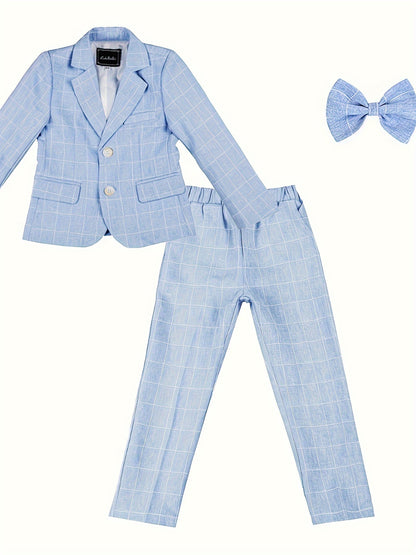 3-Pcs Boys Formal Plaid Gentleman Outfit Set, Long Sleeve Blazer, Bowtie, Pants - Hiccupzz