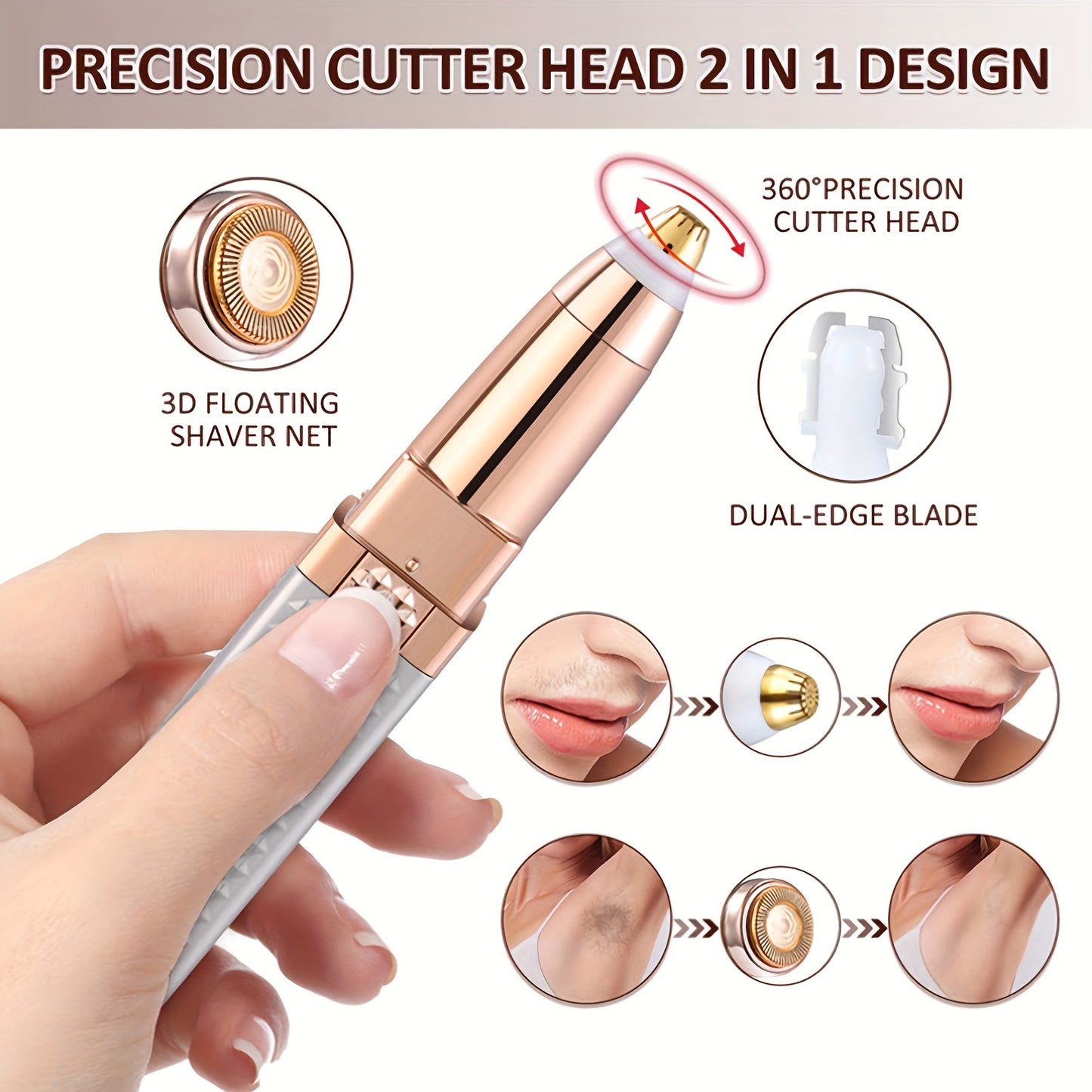 1Pc Rechargeable 2-in-1 Women's Eyebrow Razor & Painless Facial Hair Remover – LED Light for Lips, Chin, Arms, and Peach Fuzz