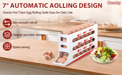 4-Tier Rolling Egg Dispenser for Refrigerator – Automatic 30-Egg Storage Rack for Kitchen