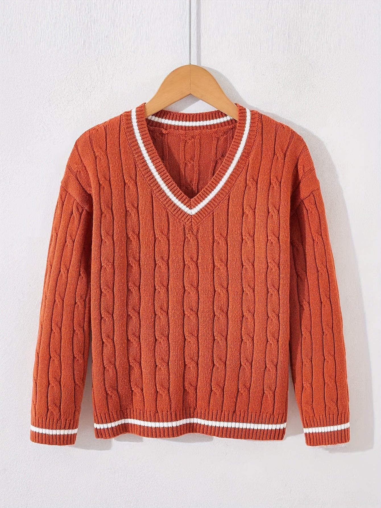 Kid's Preppy V-neck Sweater, Cable Knit, Long Sleeve, Casual, Spring/Fall/Winter