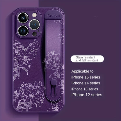 Floral Print Phone Case with Wrist Strap for iPhone 15/14/13/12 Pro Max Series - Elegant Lily Pattern, High-End Anti-Scratch and Drop-Proof Cover with Bracket Feature - Hiccupzz