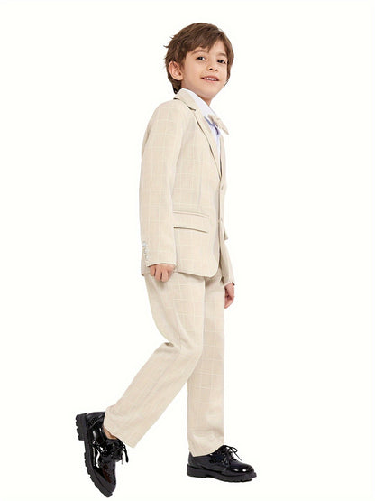 3-Pcs Boys Formal Plaid Gentleman Outfit Set, Long Sleeve Blazer, Bowtie, Pants - Hiccupzz