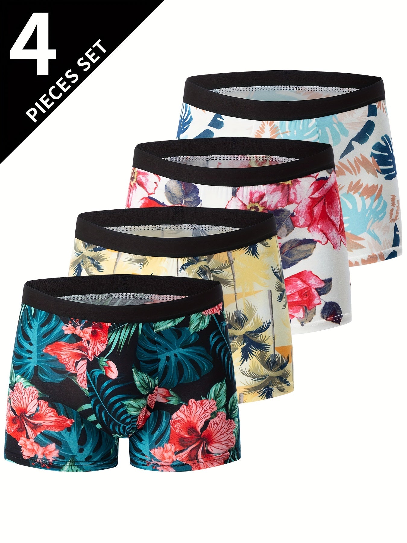 4-Pack Men's Flower Pattern Boxer Briefs - Breathable Antibacterial Sports Shorts for Casual Comfort