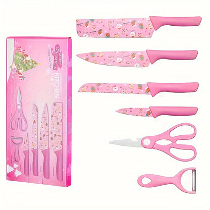 Jasmine Flower 6-Piece Kitchen Knife Set with Chef Knife, Meat Cleaver, Bread Knife, Scissors, Peeler - Hiccupzz