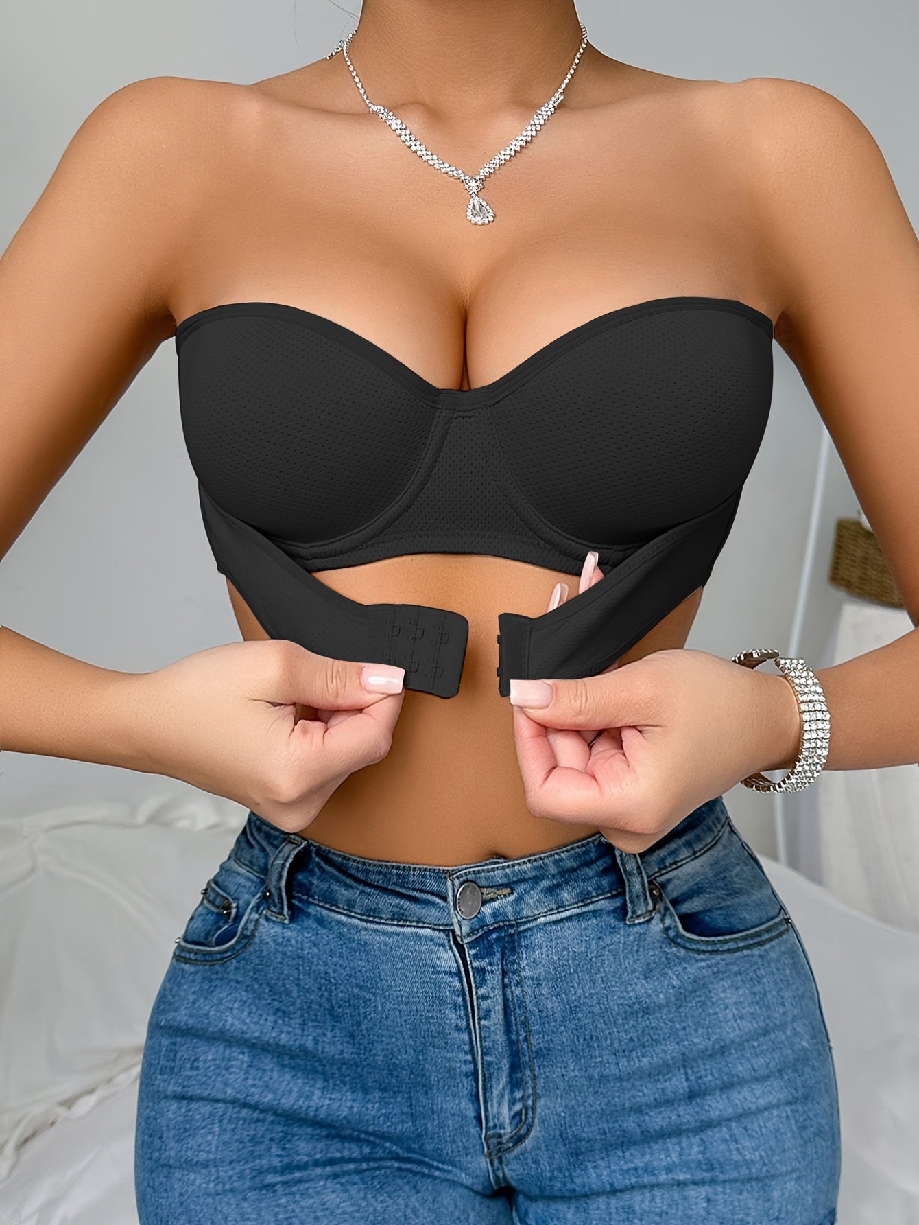 Simple Solid Front Closure Underwire Bra, Comfy & Breathable Strapless Seamless Push Up Bra