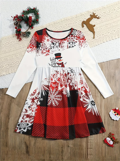 Girls' Long Sleeve Christmas Dress - Cute Cinched Waist, Big Swing Hem, Festive Print Design - Hiccupzz