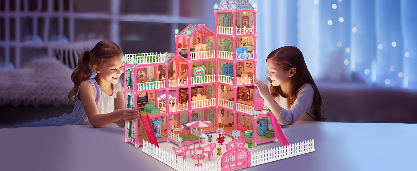 374 Pcs 15 Rooms Doll House For Girls, Princess Playhouse With Lights, Dolls Furniture Accessories,