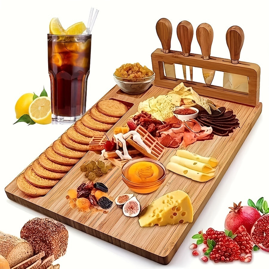 1 Set Bamboo Cheese Board Set, Cheese Tray, Charcuterie Board and Serving Meat Platter with 4 Stainless Steel Cheese Knives