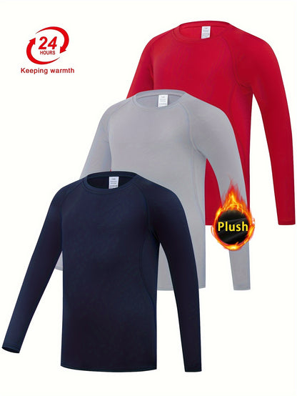 3-Pcs Youth Fleece-Lined Thermal Underwear Tops - Compression, Long Sleeve, Solid Color - Hiccupzz