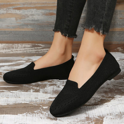 Women's Black Slip-On Flats - Breathable Knitted Round Toe Non-Slip Casual Lightweight Walking Shoes - Hiccupzz