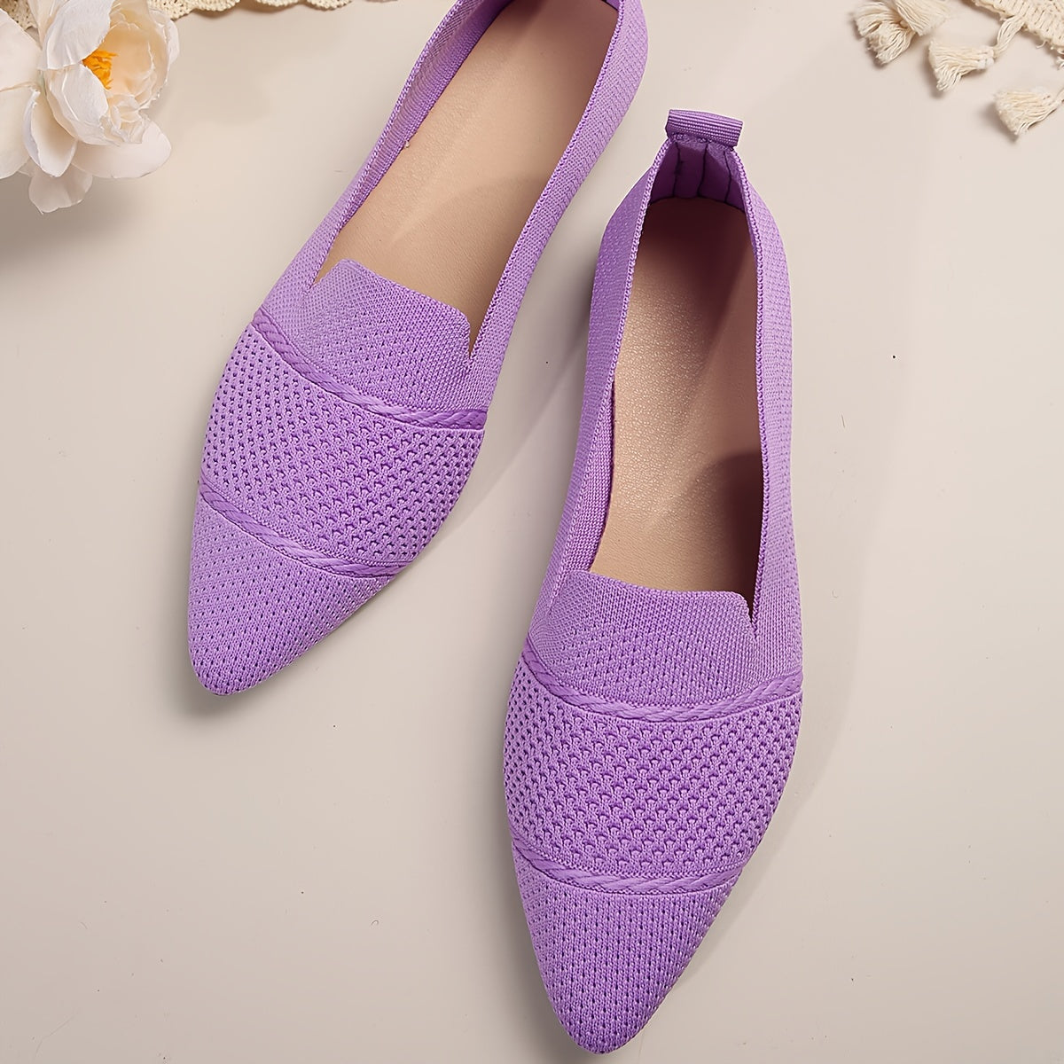 Women's Minimalist Slip-On Knitted Flats, Point Toe, Soft Sole Ballets, Lightweight Comfort