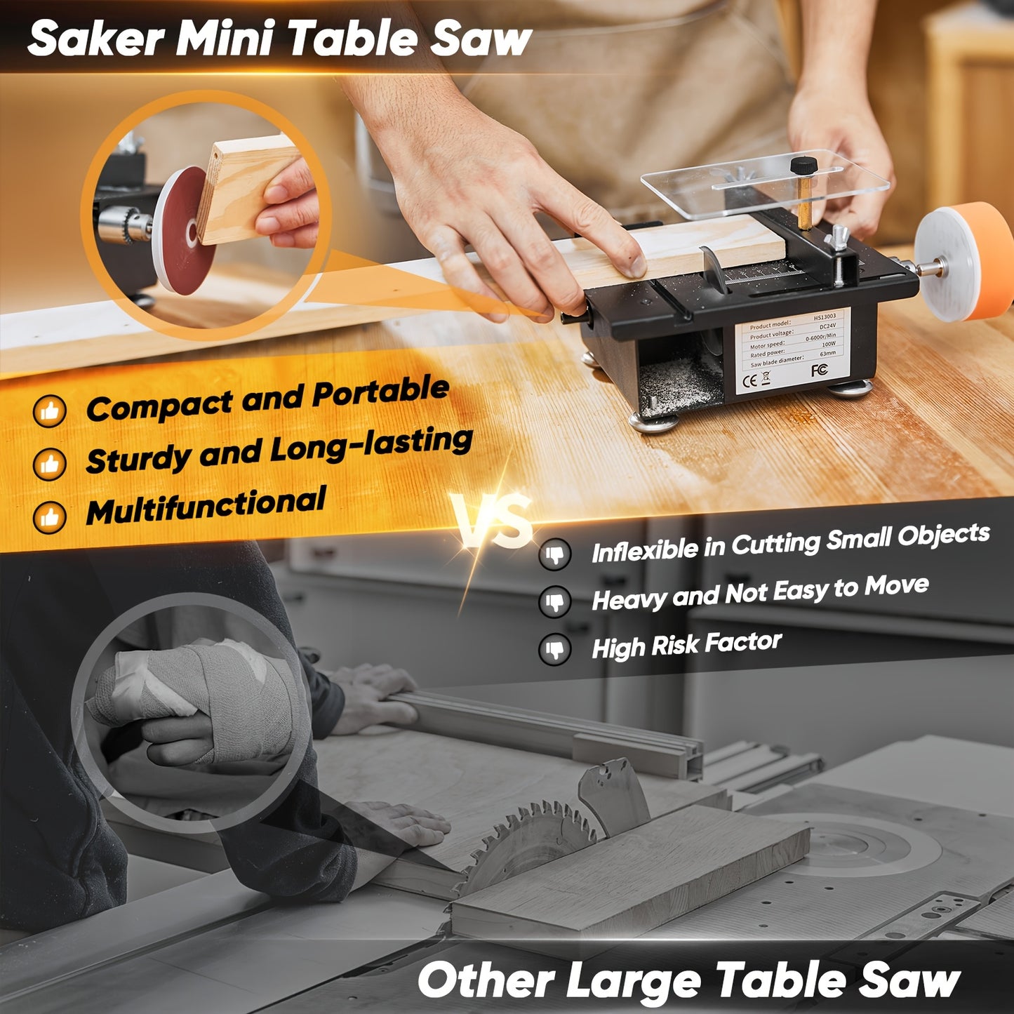 Saker Mini Table Saw, Multi-Functional Portable Adjustable Machine for Cutting, Sanding, Engraving, Drilling, 7-Speed Precision Table Saw