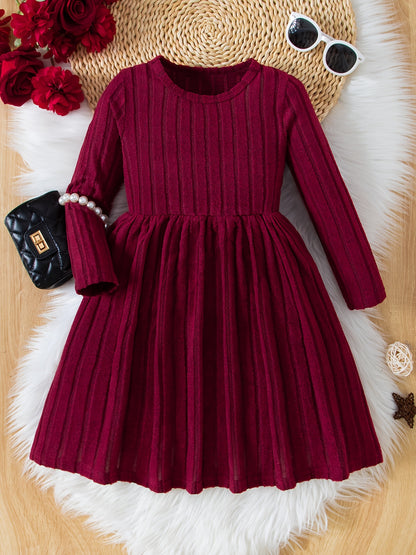 Girls Solid Color Dress, Simple Versatile, Round Neck, Long Sleeve - Hiccupzz
